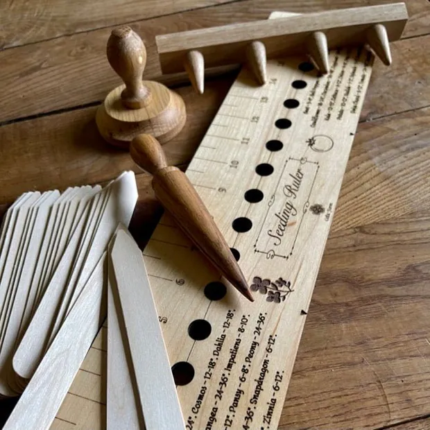 Garden Gift Set - American Hardwood Seed and Bed Ruler, Dibblers, Pot Tamper and Markers