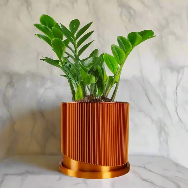 Mid-Century Ribbed Planter with Drainage and Saucer, view 3