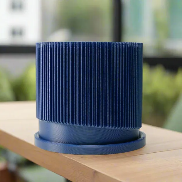 Mid-Century Ribbed Planter with Drainage and Saucer, view 5